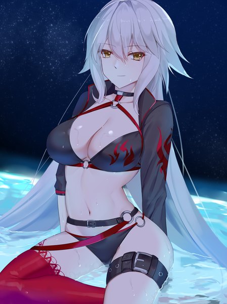 Anime picture 1500x2004 with fate (series) fate/grand order jeanne d'arc (fate) (all) jeanne d'arc alter (swimsuit berserker) (fate) eternity (shadeh) single long hair tall image looking at viewer fringe breasts light erotic hair between eyes large breasts yellow eyes silver hair outdoors light smile night wet