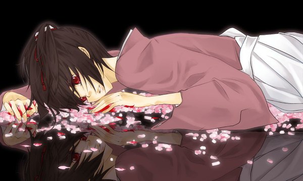 Anime picture 1500x895 with hakuouki shinsengumi kitan studio deen chizuru yukimura black hair red eyes wide image japanese clothes black background reflection girl petals