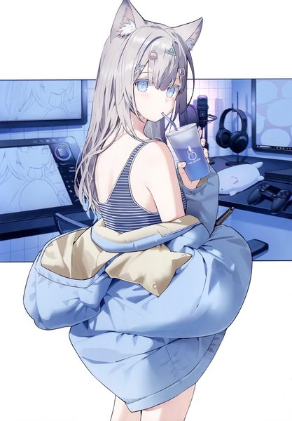 Anime picture 2409x3465 with original kitada mo single long hair tall image looking at viewer fringe highres blue eyes hair between eyes standing bare shoulders holding animal ears silver hair looking back cat ears off shoulder cat girl outside border