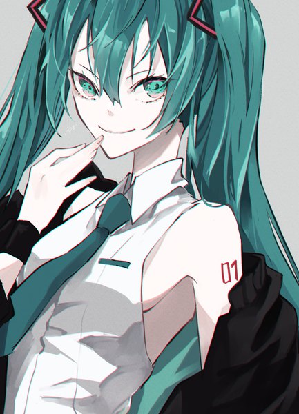 Anime picture 1140x1579 with vocaloid hatsune miku yagi (shiro yagi) single long hair tall image fringe simple background smile hair between eyes twintails upper body aqua eyes aqua hair grey background hand to mouth girl necktie