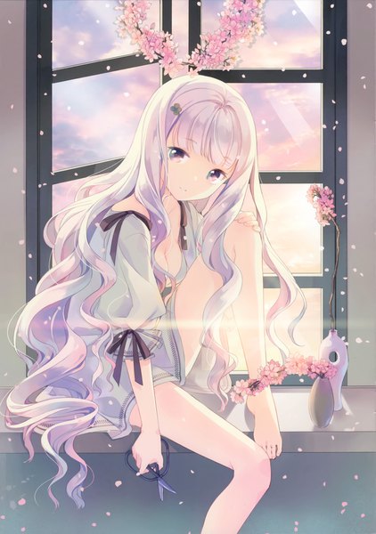 Anime picture 3283x4672 with original h2so4 single long hair tall image looking at viewer fringe highres breasts light erotic sitting purple eyes holding absurdres sky cleavage silver hair cloud (clouds) bent knee (knees) indoors