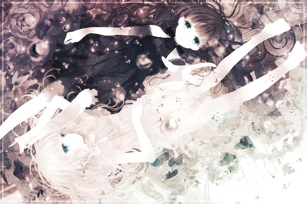 Anime-Bild 2000x1333 mit original mirusa long hair looking at viewer highres blue eyes black hair brown hair multiple girls white hair barefoot girl dress flower (flowers) 2 girls white dress black dress leaf (leaves)