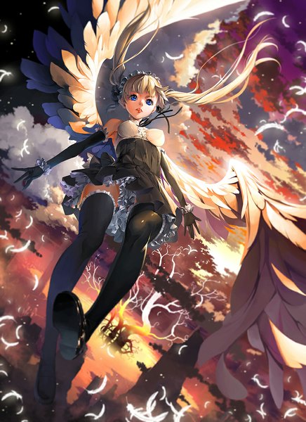 Anime picture 851x1169 with original justminor single tall image looking at viewer breasts blue eyes blonde hair twintails sky cloud (clouds) flying angel wings angel girl thighhighs dress gloves black thighhighs wings