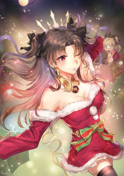 Anime picture 1561x2213 with fate (series) fate/grand order ishtar (fate) ereshkigal (fate) kaer sasi dianxia long hair tall image looking at viewer blush fringe breasts blonde hair red eyes brown hair multiple girls signed cleavage eyes closed one eye closed wink