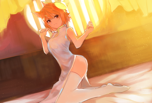 Anime picture 1741x1178 with original flare (tarbo) tarbo (exxxpiation) single looking at viewer fringe highres short hair light erotic hair between eyes animal ears full body traditional clothes sunlight orange hair orange eyes no shoes fox ears kneeling fox girl
