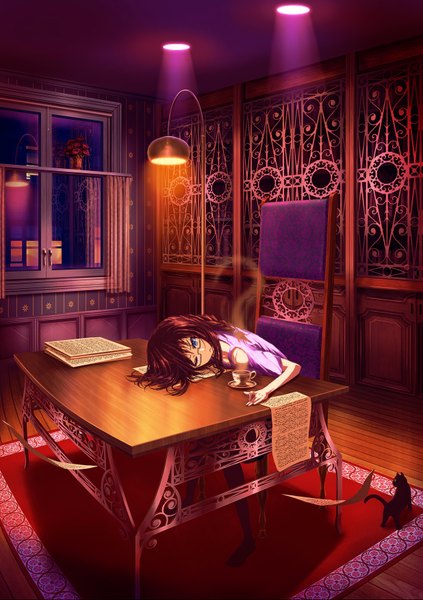 Anime picture 1235x1753 with original gotoo (acqua) long hair tall image blue eyes black hair one eye closed wink girl glasses window cat cup lamp coffee