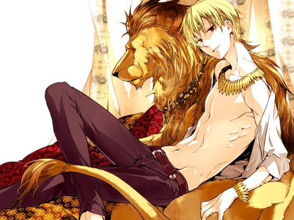 Anime picture 1200x900 with fate (series) fate/zero studio deen type-moon gilgamesh (fate) kuro (qqaid) single short hair blonde hair red eyes bare shoulders open clothes open shirt groin reclining boy navel bracelet necklace lion