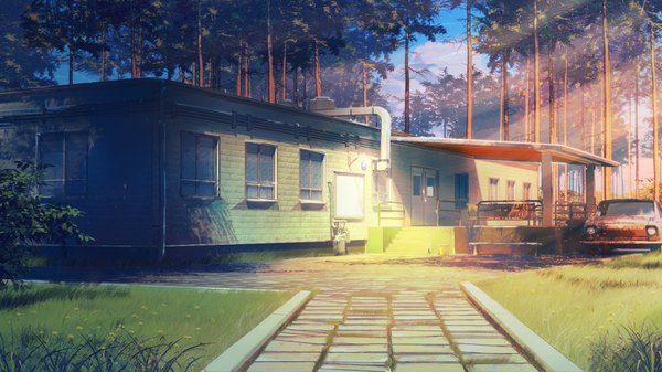 Anime picture 1920x1080 with everlasting summer iichan eroge arsenixc vvcephei highres wide image game cg sunlight wallpaper no people scenic morning collaboration camp plant (plants) tree (trees) window building (buildings) grass ground vehicle