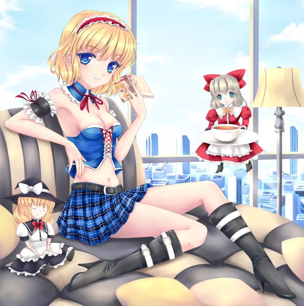 Anime picture 1189x1200 with touhou alice margatroid fred0092 tall image short hair breasts blue eyes light erotic blonde hair sitting midriff girl dress navel miniskirt boots cup doll (dolls)