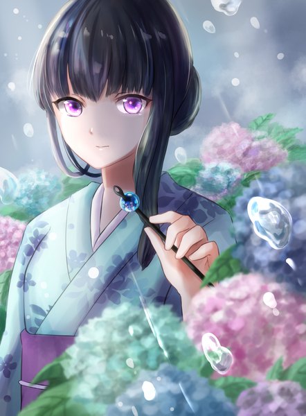 Anime picture 1400x1900 with original mokka (31911633) single tall image looking at viewer fringe short hair black hair purple eyes holding upper body outdoors blunt bangs traditional clothes japanese clothes hair bun (hair buns) floral print rain girl flower (flowers)