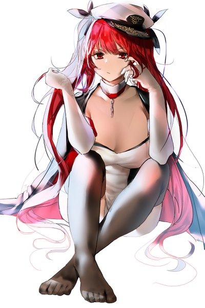 Anime picture 2001x3001 with azur lane honolulu (azur lane) danyagoe single long hair tall image looking at viewer fringe highres breasts light erotic simple background red eyes large breasts white background sitting cleavage full body bent knee (knees) red hair