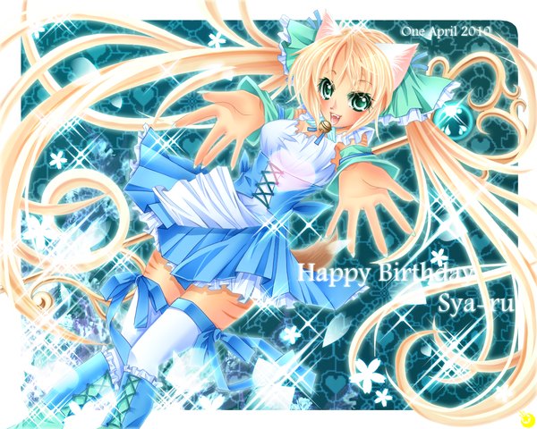 Anime picture 1280x1024 with original midzuki single long hair blush open mouth blonde hair twintails animal ears aqua eyes cat ears girl thighhighs dress flower (flowers) bow hair bow petals white thighhighs