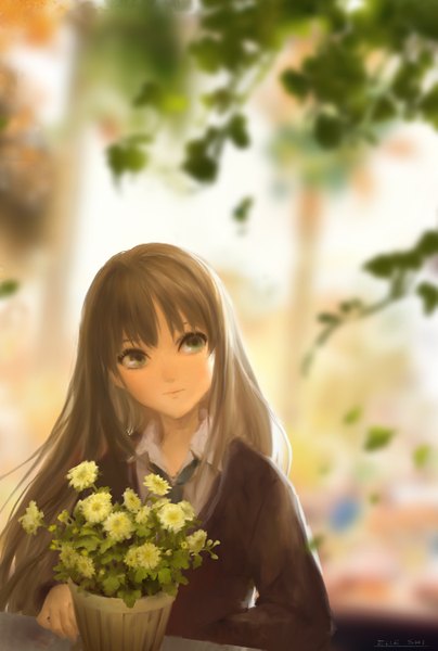 Anime picture 2023x2998 with idolmaster idolmaster cinderella girls shibuya rin lost elle single long hair tall image fringe highres smile brown hair green eyes looking away open collar girl uniform flower (flowers) plant (plants) school uniform tree (trees)