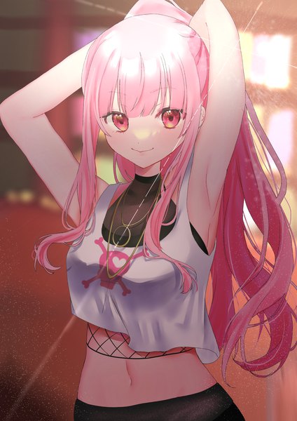 Anime picture 2480x3508 with virtual youtuber hololive hololive english mori calliope mori calliope (streetwear) eibii single long hair tall image looking at viewer blush fringe highres smile standing payot pink hair upper body ponytail indoors