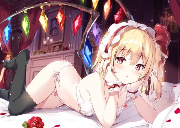 Anime picture 941x666 with touhou flandre scarlet miyase mahiro single looking at viewer blush fringe short hair light erotic blonde hair hair between eyes red eyes :o underwear only one side up head rest girl thighhighs underwear flower (flowers)
