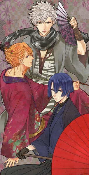 Anime picture 575x1130 with uta no prince-sama a-1 pictures jinguji ren hijirikawa masato kurosaki ranmaru tall image looking at viewer short hair blue eyes holding blue hair traditional clothes japanese clothes pink eyes looking back grey hair orange hair multiple boys grey eyes heterochromia