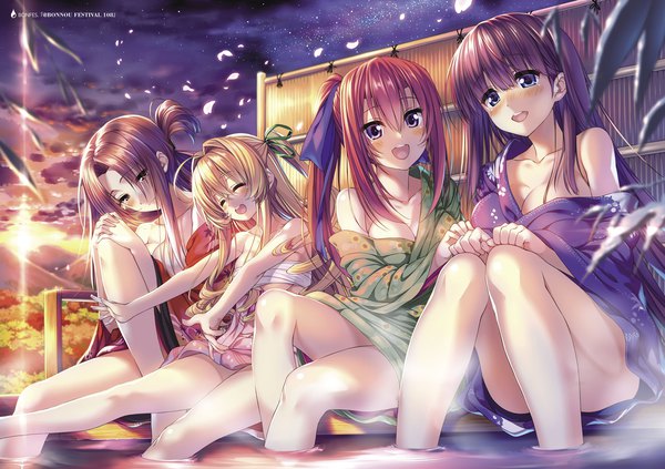 Anime picture 2126x1500 with original piromizu long hair blush fringe highres open mouth blue eyes light erotic blonde hair hair between eyes brown hair sitting purple eyes multiple girls brown eyes ponytail red hair eyes closed traditional clothes