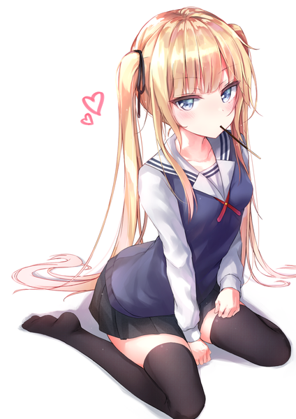 Anime picture 1000x1414 with saenai heroine no sodatekata a-1 pictures sawamura spencer eriri beliatan single long hair tall image looking at viewer blush fringe blue eyes simple background blonde hair white background sitting twintails holding payot blunt bangs long sleeves