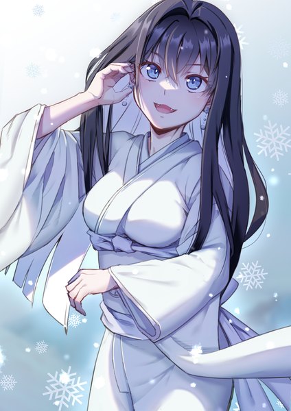 Anime picture 764x1080 with kyokou suiri yuki-onna (kyokou suiri) reitency single long hair tall image fringe open mouth blue eyes black hair hair between eyes traditional clothes :d japanese clothes multicolored hair fang (fangs) adjusting hair looking up colored inner hair girl