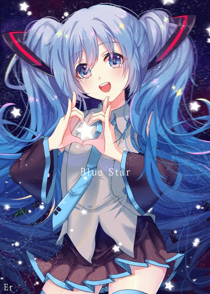 Anime picture 2480x3472 with vocaloid blue star (vocaloid) hatsune miku shanguier single tall image looking at viewer blush fringe highres open mouth blue eyes smile hair between eyes twintails bare shoulders signed blue hair very long hair pleated skirt