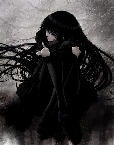 Anime picture 1400x1773 with nurarihyon no mago hagoromo gitsune auge (akd) single tall image black hair looking away very long hair black eyes crossed legs sad girl pantyhose serafuku black pantyhose