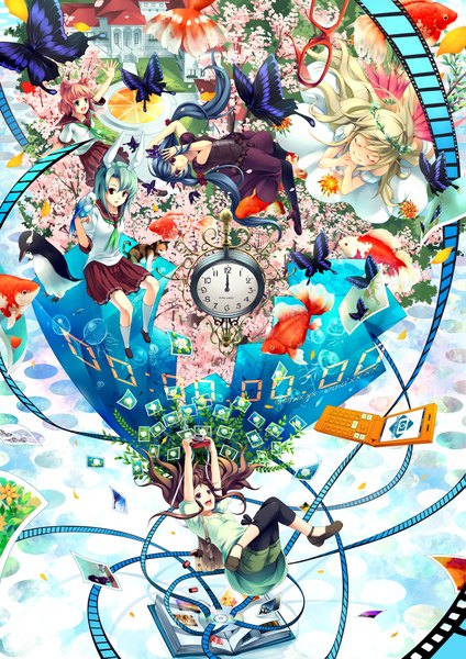 Anime picture 1415x2000 with original yoshino ryou long hair tall image short hair black hair blonde hair brown hair twintails multiple girls animal ears green hair pointy ears cherry blossoms group detailed film strip girl dress flower (flowers)