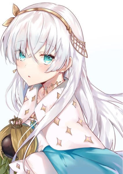Anime picture 1721x2428 with fate (series) fate/grand order anastasia (fate) viy (fate) nanakagura single long hair tall image looking at viewer blush fringe highres simple background hair between eyes white background holding silver hair upper body parted lips aqua eyes