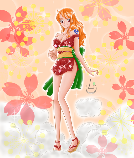 Anime picture 3681x4331 with one piece toei animation nami (one piece) ludovica single long hair tall image looking at viewer blush fringe highres breasts light erotic smile red eyes standing bare shoulders signed absurdres cleavage