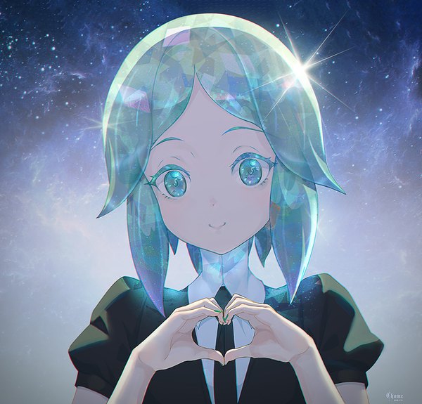 Anime-Bild 943x905 mit houseki no kuni phosphophyllite c home single looking at viewer short hair smile signed upper body nail polish aqua eyes aqua hair sparkle puffy sleeves androgynous heart hands necktie