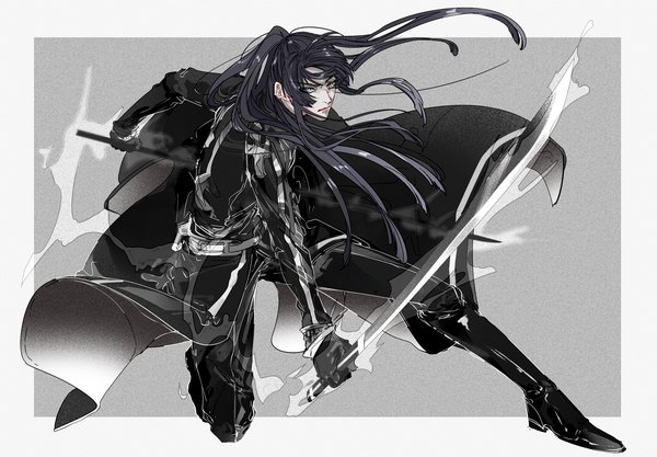 Anime picture 2300x1600 with d.gray-man kanda yuu hamaguri single long hair highres black hair holding payot looking away full body ponytail grey background border fighting stance dual wielding boy gloves weapon sword