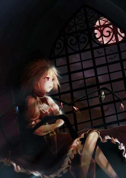 Anime picture 1358x1920 with touhou flandre scarlet sola7764 single tall image short hair blonde hair red eyes sitting cloud (clouds) night crossed legs crossed arms red moon girl dress wings window crystal bat