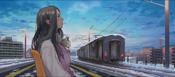 Anime picture 5000x2208 with original tomiya (tomiya2117) single long hair highres brown hair wide image holding looking away absurdres sky cloud (clouds) outdoors profile mouth hold winter smoke snow smoking waiting