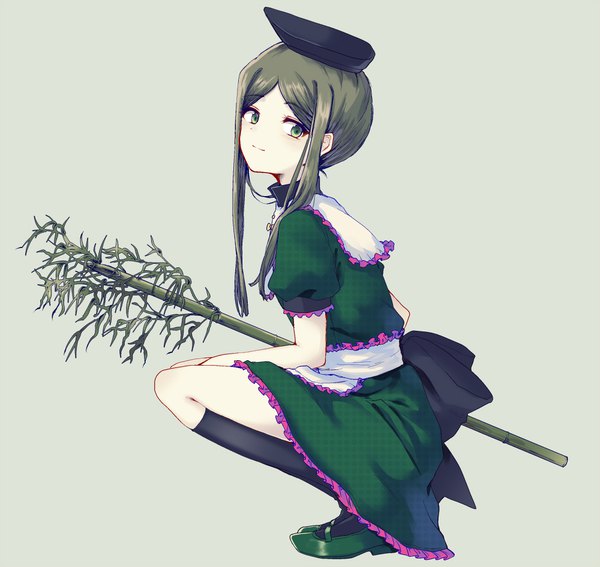 Anime picture 1000x946 with touhou teireida mai uranaishi (miraura) single looking at viewer short hair simple background green eyes payot full body green hair light smile puffy sleeves squat girl dress plant (plants) hat socks black socks