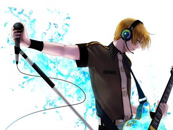 Anime-Bild 1200x900 mit utau suiga sora wii hola single fringe short hair blue eyes blonde hair standing white background holding upper body profile character names outstretched arm floral print looking down playing instrument boy shirt