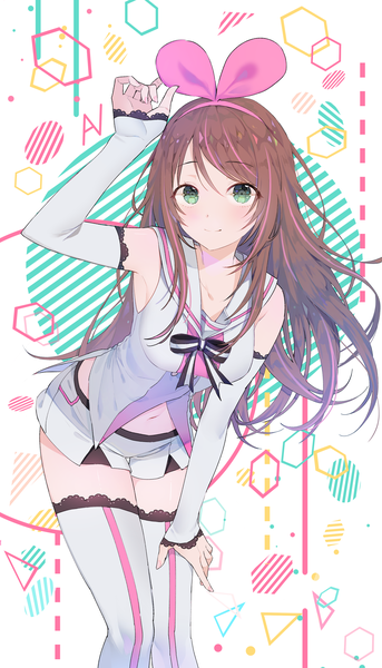 Anime picture 2004x3500 with virtual youtuber a.i. channel kizuna ai ppyono single long hair tall image looking at viewer blush fringe highres breasts simple background smile hair between eyes brown hair standing green eyes payot multicolored hair