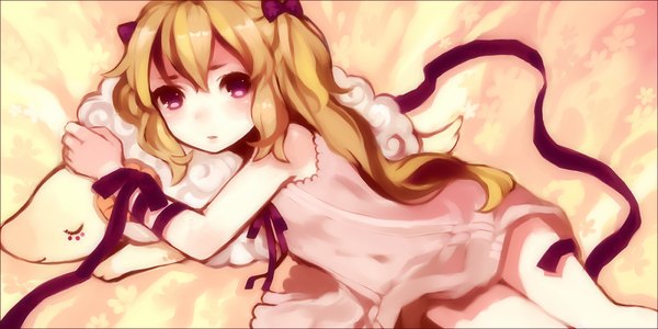 Anime picture 1400x700 with original tan (tangent) single long hair blush blonde hair wide image purple eyes twintails loli girl ribbon (ribbons) bow sheep