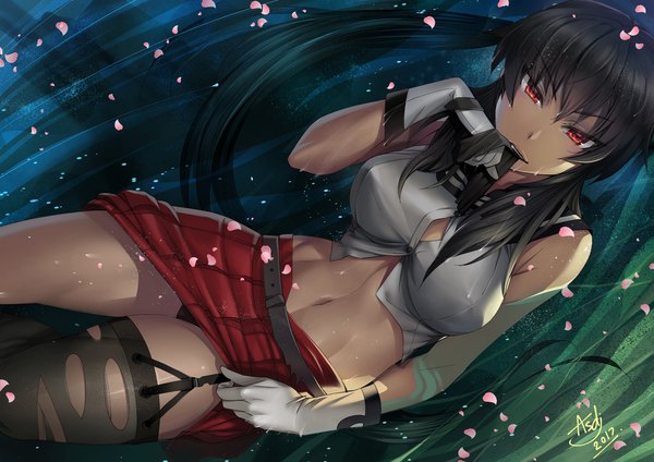 Anime picture 1697x1200 with kantai collection yahagi light cruiser asdj single long hair looking at viewer fringe breasts light erotic black hair hair between eyes red eyes large breasts signed ponytail bare belly pantyshot skirt lift sailor collar 2017