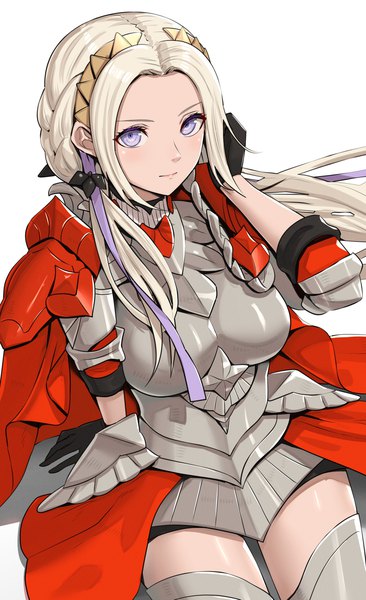 Anime picture 1006x1647 with fire emblem fire emblem: three houses fire emblem warriors: three hopes nintendo edelgard von hresvelg gonzarez single long hair tall image looking at viewer blush breasts simple background white background purple eyes payot silver hair braid (braids) arm up arm support