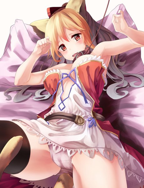 Anime picture 1200x1560 with granblue fantasy vira lilie saraki single long hair tall image looking at viewer blush breasts open mouth light erotic blonde hair red eyes animal ears ponytail tail animal tail cat ears cat girl cat tail