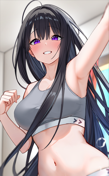 Anime picture 1269x2039 with original jyu-so single long hair tall image looking at viewer blush fringe breasts light erotic black hair smile hair between eyes standing purple eyes indoors arm up teeth armpit (armpits) girl