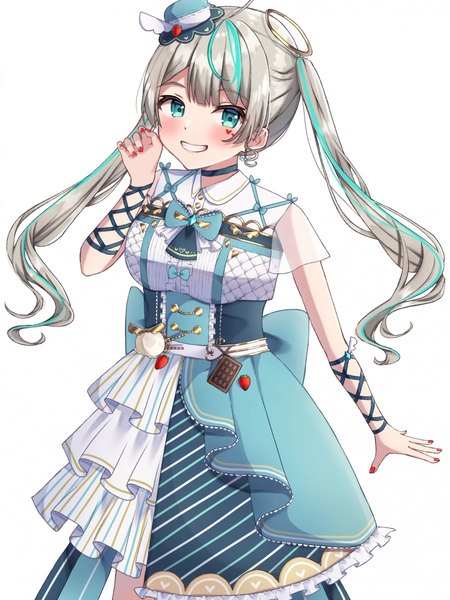 Anime picture 960x1280 with virtual youtuber indie virtual youtuber amau shiroppu amai melo single long hair tall image looking at viewer blush simple background smile white background twintails ahoge nail polish multicolored hair aqua eyes grey hair two-tone hair streaked hair