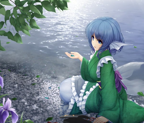 Anime picture 1169x1000 with touhou wakasagihime miyako ji single blush short hair open mouth blue eyes blue hair traditional clothes japanese clothes girl flower (flowers) water kimono leaf (leaves) mermaid