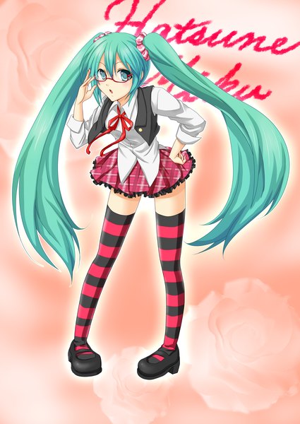 Anime picture 2149x3035 with vocaloid hatsune miku tomato-ed single long hair tall image highres twintails aqua eyes aqua hair hand on hip girl thighhighs glasses striped thighhighs scrunchie