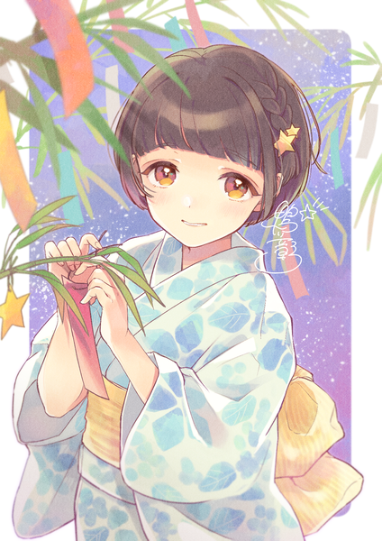 Anime picture 1200x1700 with original kamogawa akira single tall image looking at viewer short hair brown hair brown eyes signed upper body braid (braids) traditional clothes japanese clothes from above border side braid outside border tanabata girl hair ornament