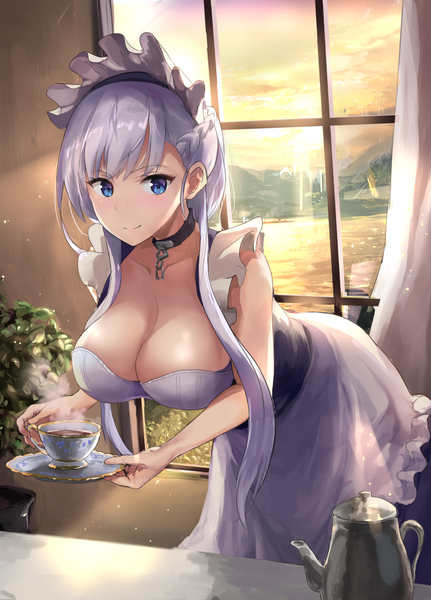 Anime picture 735x1024 with azur lane belfast (azur lane) figurehead single long hair tall image looking at viewer blush breasts blue eyes light erotic smile large breasts holding cleavage silver hair indoors braid (braids) sunlight maid