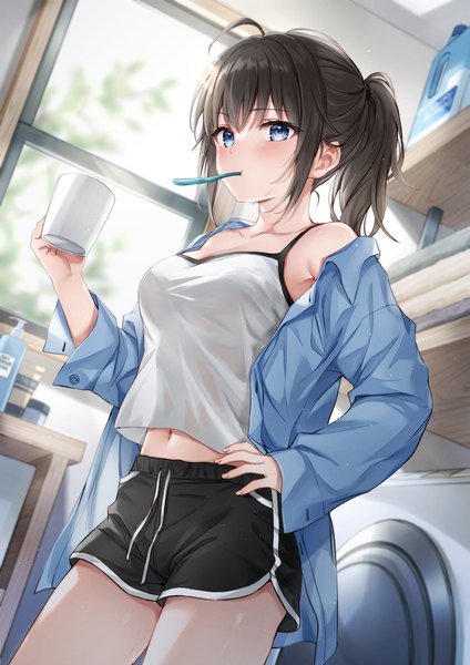 Anime picture 919x1300 with original higeneko single long hair tall image looking at viewer blush fringe breasts blue eyes brown hair standing holding payot ahoge ponytail indoors blunt bangs off shoulder midriff