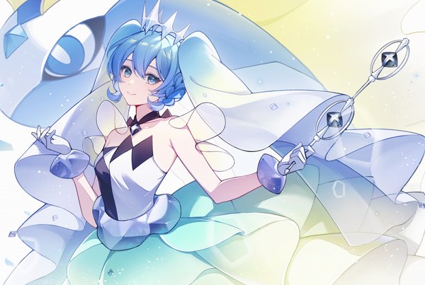 Anime picture 3391x2279 with pokemon vocaloid nintendo project voltage hatsune miku aurorus rock miku (project voltage) kanvien single looking at viewer fringe highres blue eyes smile hair between eyes blue hair absurdres braid (braids) gen 6 pokemon girl
