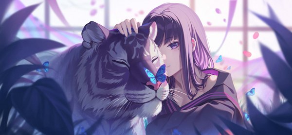 Anime picture 4462x2071 with original 3v ju single long hair looking at viewer fringe highres wide image sitting purple eyes absurdres purple hair mole mole under eye headpat girl uniform plant (plants) animal petals