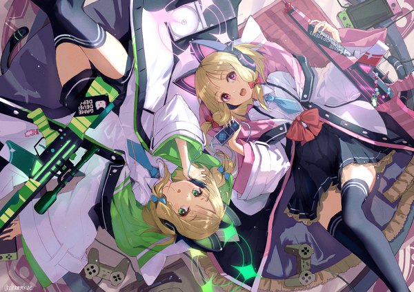 Anime picture 2047x1447 with blue archive nintendo momoi (blue archive) midori (blue archive) chamu (chammkue) looking at viewer highres short hair open mouth blonde hair multiple girls green eyes lying :d pink eyes open jacket :o on back siblings twins