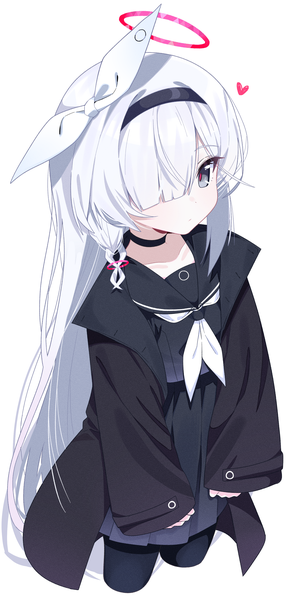 Anime-Bild 1719x3568 mit blue archive plana (blue archive) tosyeo single long hair tall image looking at viewer fringe highres simple background standing white background payot white hair long sleeves pleated skirt from above hair over one eye grey eyes sleeves past wrists